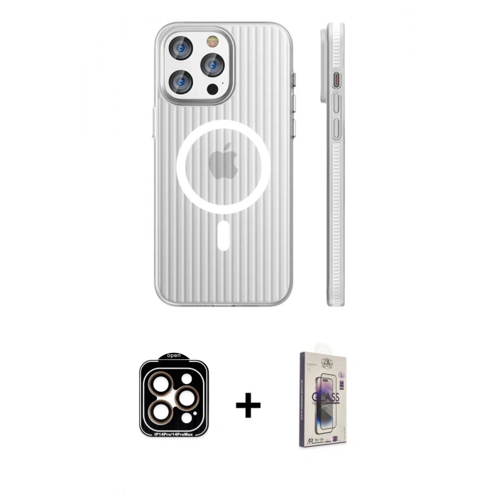 MARSİLYAN™- iPhone 15 Pro Max Kılıf Pusula Minimal Koleksiyonu - Siyah Bilvis 3D Cam Ekran Koruyucu + PVD Metal Kamera Lens - TU