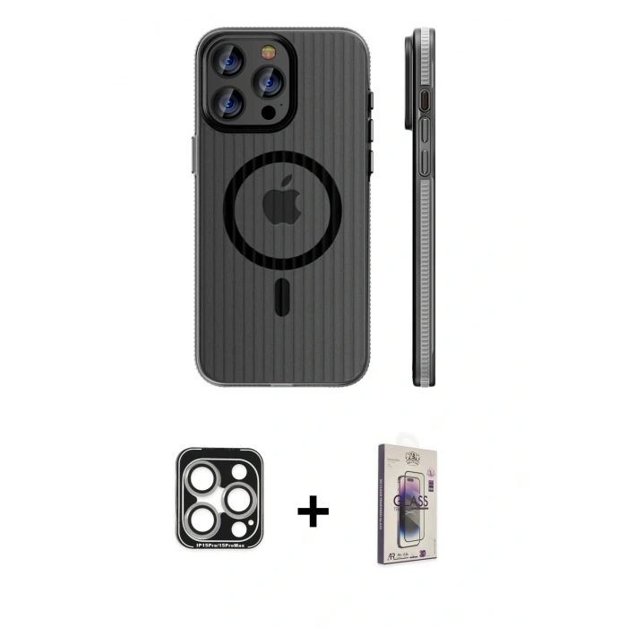 MARSİLYAN™- iPhone 15 Pro Max Kılıf Pusula Minimal Koleksiyonu - Siyah Bilvis 3D Cam Ekran Koruyucu + PVD Metal Kamera Lens - GS