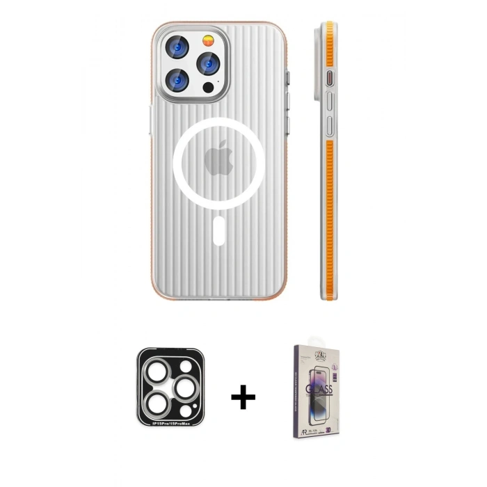 MARSİLYAN™- iPhone 15 Pro Max Kılıf Pusula Minimal Koleksiyonu - Siyah Bilvis 3D Cam Ekran Koruyucu + PVD Metal Kamera Lens - GS