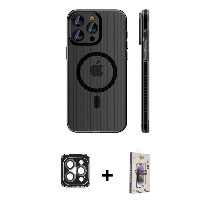 MARSİLYAN™- iPhone 15 Pro Max Kılıf Pusula Minimal Koleksiyonu - Siyah Bilvis 3D Cam Ekran Koruyucu + PVD Metal Kamera Lens - GI