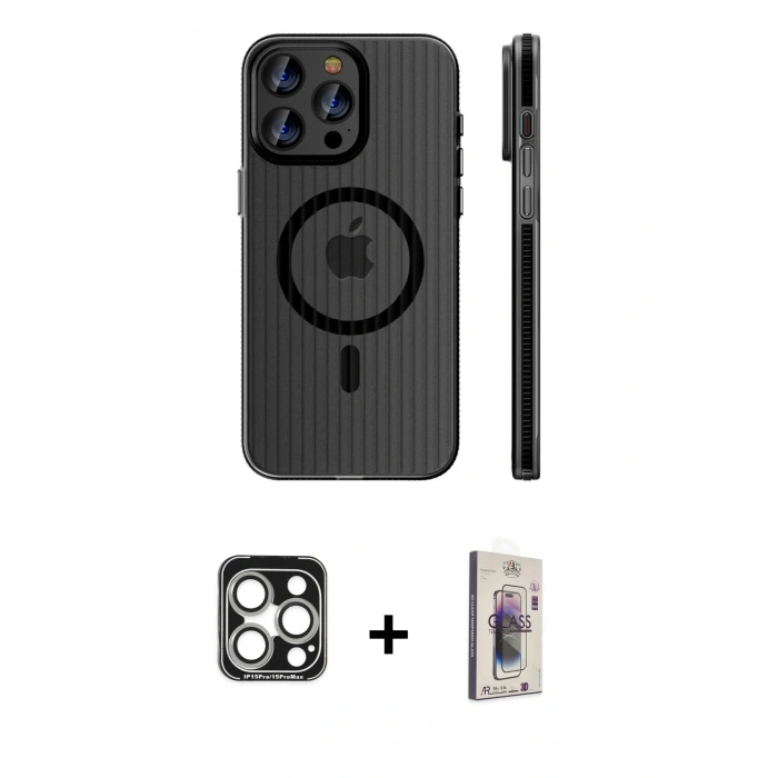 MARSİLYAN™- iPhone 15 Pro Max Kılıf Pusula Minimal Koleksiyonu - Siyah Bilvis 3D Cam Ekran Koruyucu + PVD Metal Kamera Lens - GS