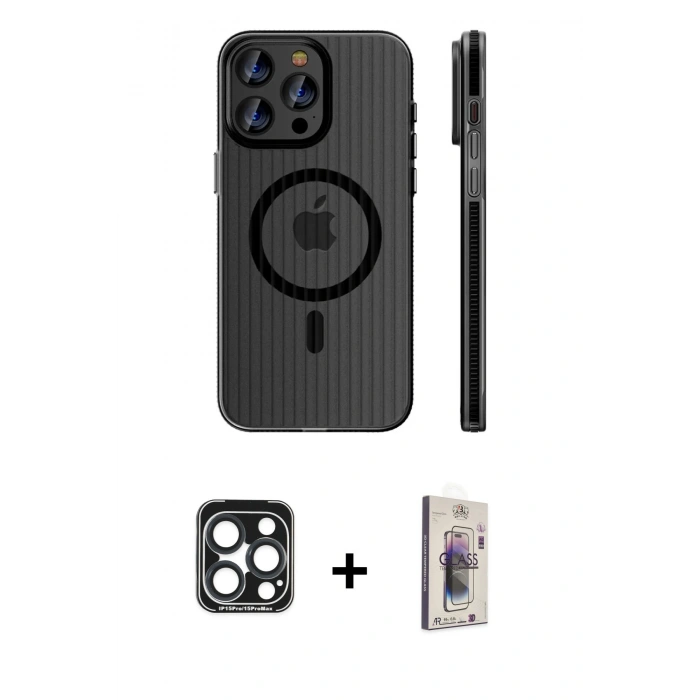 MARSİLYAN™- iPhone 15 Pro Max Kılıf Pusula Minimal Koleksiyonu - Siyah Bilvis 3D Cam Ekran Koruyucu + PVD Metal Kamera Lens - LT