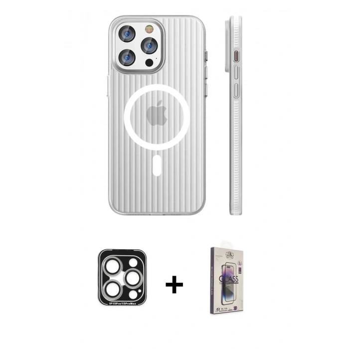 MARSİLYAN™- iPhone 15 Pro Max Kılıf Pusula Minimal Koleksiyonu - Siyah Bilvis 3D Cam Ekran Koruyucu + PVD Metal Kamera Lens - GS