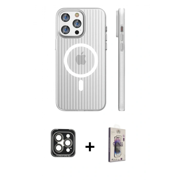 MARSİLYAN™- iPhone 15 Pro Max Kılıf Pusula Minimal Koleksiyonu - Siyah Bilvis 3D Cam Ekran Koruyucu + PVD Metal Kamera Lens - GI