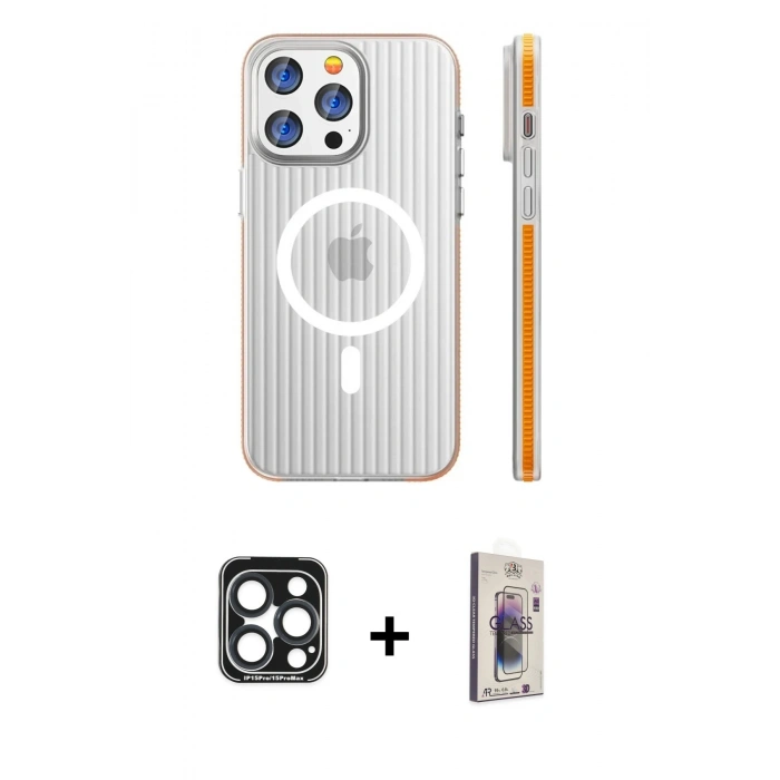 MARSİLYAN™- iPhone 15 Pro Max Kılıf Pusula Minimal Koleksiyonu - Siyah Bilvis 3D Cam Ekran Koruyucu + PVD Metal Kamera Lens - LT