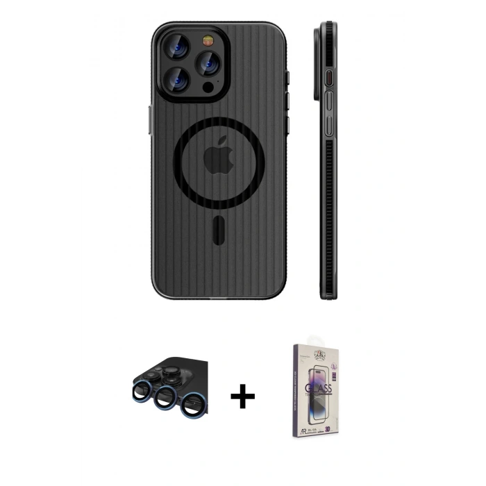 MARSİLYAN™- iPhone 15 Pro Max Kılıf Pusula Minimal Koleksiyonu - Siyah Bilvis 3D Cam Ekran Koruyucu + Raze Metal Kamera Lens - LT