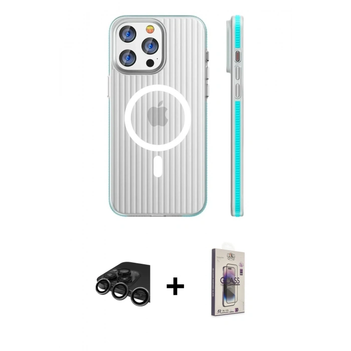 MARSİLYAN™- iPhone 15 Pro Max Kılıf Pusula Minimal Koleksiyonu - Siyah Bilvis 3D Cam Ekran Koruyucu + Raze Metal Kamera Lens - TMGI