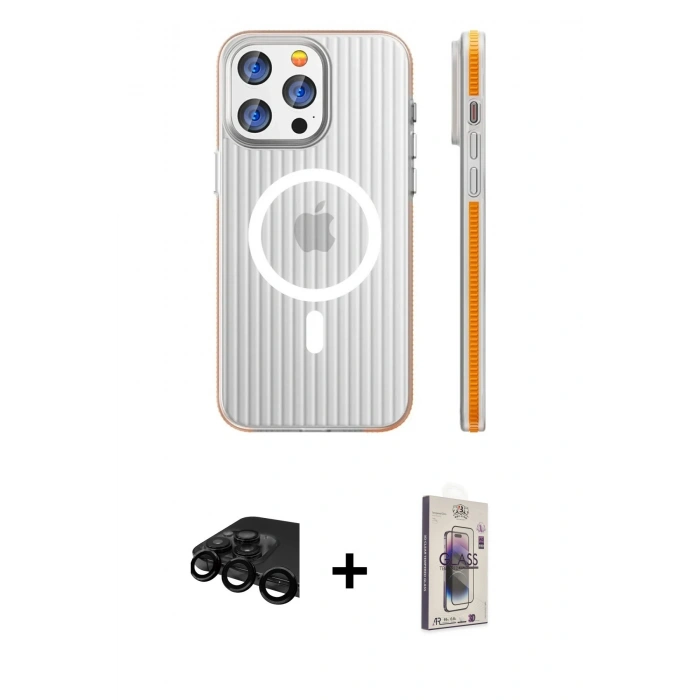 MARSİLYAN™- iPhone 15 Pro Max Kılıf Pusula Minimal Koleksiyonu - Siyah Bilvis 3D Cam Ekran Koruyucu + Raze Metal Kamera Lens - SH
