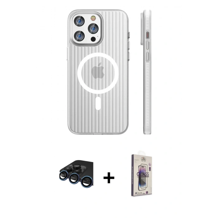 MARSİLYAN™- iPhone 15 Pro Max Kılıf Pusula Minimal Koleksiyonu - Siyah Bilvis 3D Cam Ekran Koruyucu + Raze Metal Kamera Lens - LT