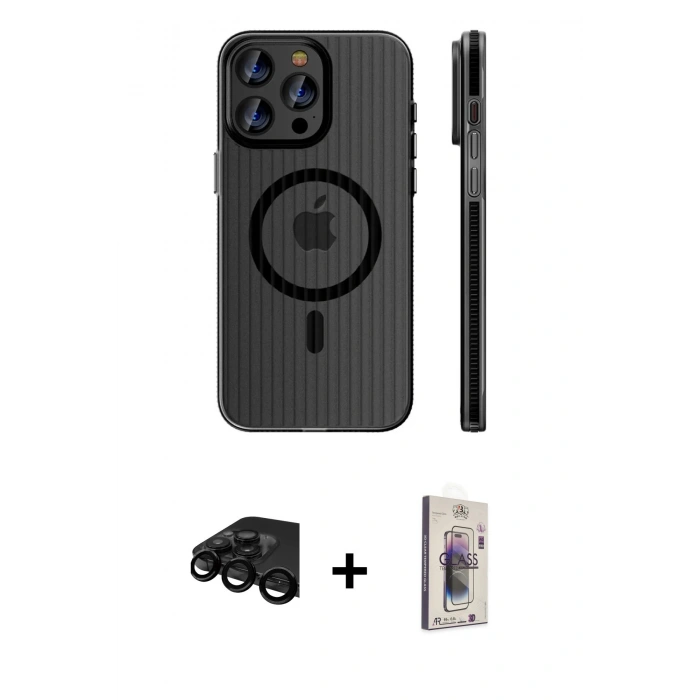 MARSİLYAN™- iPhone 15 Pro Max Kılıf Pusula Minimal Koleksiyonu - Siyah Bilvis 3D Cam Ekran Koruyucu + Raze Metal Kamera Lens - SH