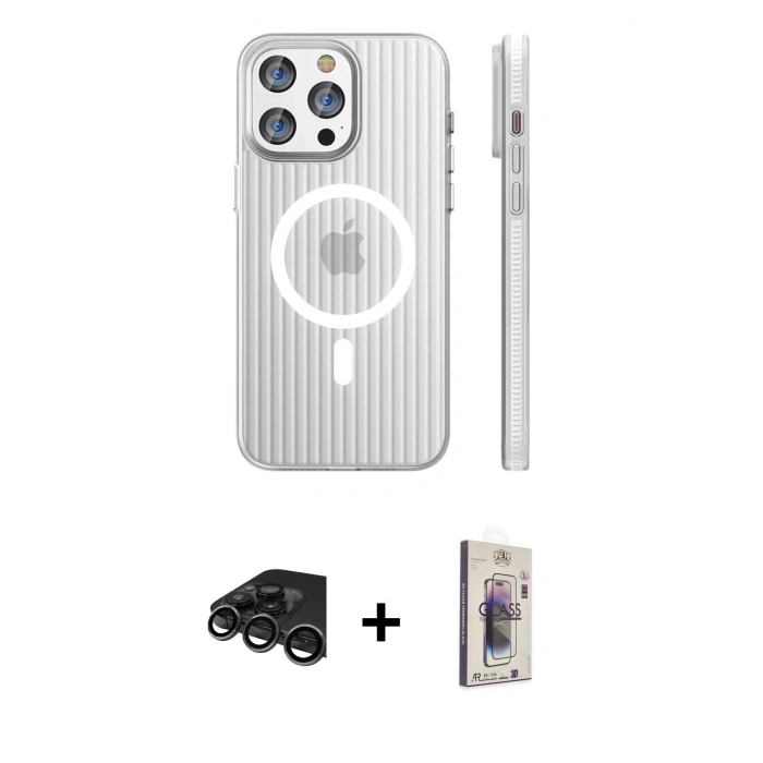 MARSİLYAN™- iPhone 15 Pro Max Kılıf Pusula Minimal Koleksiyonu - Siyah Bilvis 3D Cam Ekran Koruyucu + Raze Metal Kamera Lens - TMGI