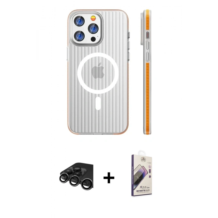 MARSİLYAN™- iPhone 15 Pro Max Kılıf Pusula Minimal Koleksiyonu - Siyah Bilvis 3D Mat Cam Ekran Koruyucu + Titanyum Gri Raze Metal Kamera Lens
