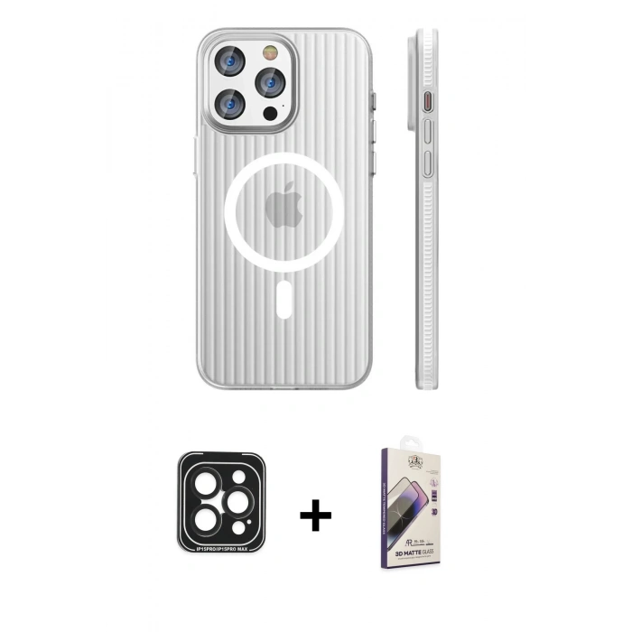 MARSİLYAN™- iPhone 15 Pro Max Kılıf Pusula Minimal Koleksiyonu - Siyah Bilvis 3D Mat Cam Ekran Koruyucu + PVD Metal Kamera Lens - SH