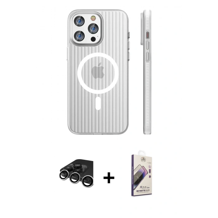 MARSİLYAN™- iPhone 15 Pro Max Kılıf Pusula Minimal Koleksiyonu - Siyah Bilvis 3D Mat Cam Ekran Koruyucu + Raze Metal Kamera Lens - GS