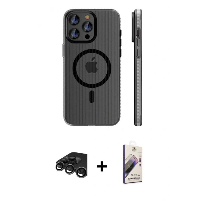 MARSİLYAN™- iPhone 15 Pro Max Kılıf Pusula Minimal Koleksiyonu - Siyah Bilvis 3D Mat Cam Ekran Koruyucu + Titanyum Gri Raze Metal Kamera Lens
