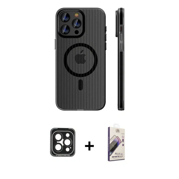 MARSİLYAN™- iPhone 15 Pro Max Kılıf Pusula Minimal Koleksiyonu - Siyah Bilvis 3D Mat Cam Ekran Koruyucu + PVD Metal Kamera Lens - SH