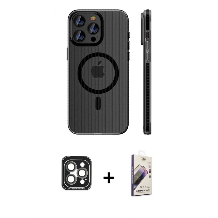 MARSİLYAN™- iPhone 15 Pro Max Kılıf Pusula Minimal Koleksiyonu - Siyah Bilvis 3D Mat Cam Ekran Koruyucu + PVD Metal Kamera Lens - GI