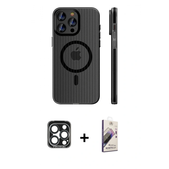 MARSİLYAN™- iPhone 15 Pro Max Kılıf Pusula Minimal Koleksiyonu - Siyah Bilvis 3D Mat Cam Ekran Koruyucu + PVD Metal Kamera Lens - LT