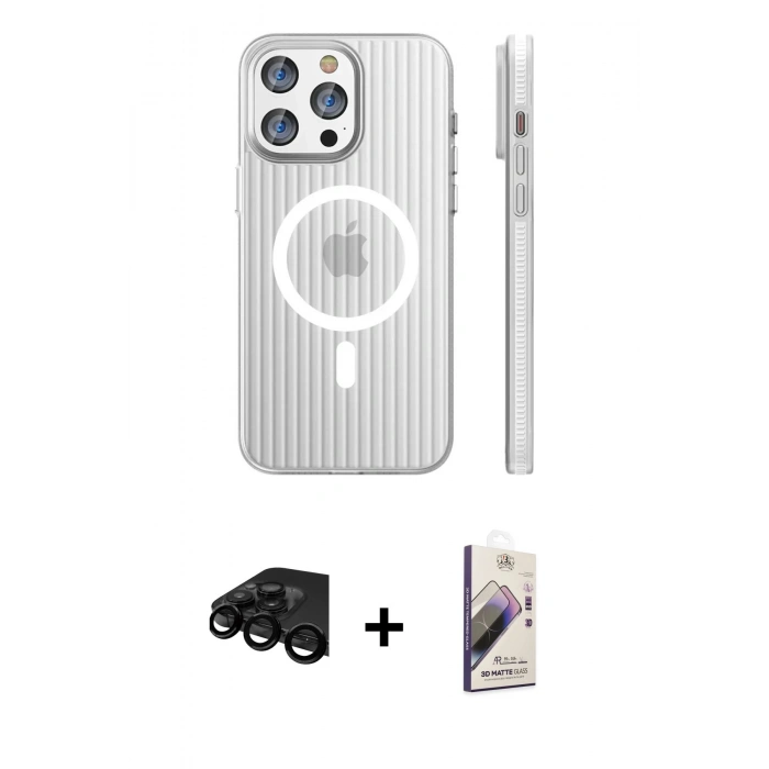 MARSİLYAN™- iPhone 15 Pro Max Kılıf Pusula Minimal Koleksiyonu - Siyah Bilvis 3D Mat Cam Ekran Koruyucu + Raze Metal Kamera Lens - SH