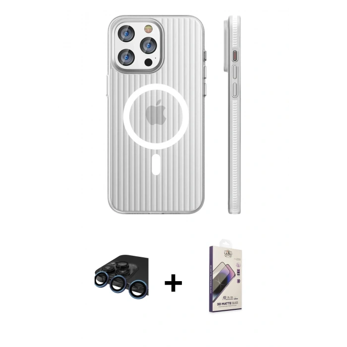 MARSİLYAN™- iPhone 15 Pro Max Kılıf Pusula Minimal Koleksiyonu - Siyah Bilvis 3D Mat Cam Ekran Koruyucu + Raze Metal Kamera Lens - LT