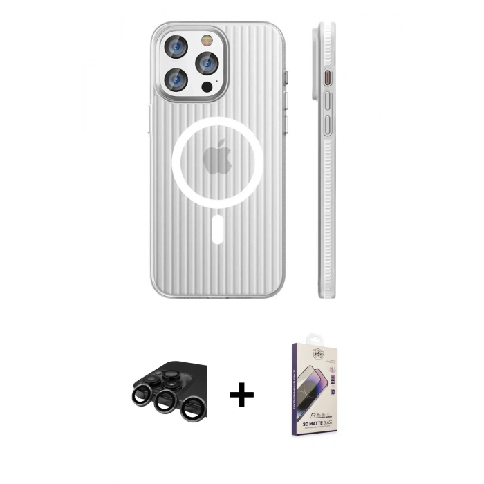 MARSİLYAN™- iPhone 15 Pro Max Kılıf Pusula Minimal Koleksiyonu - Siyah Bilvis 3D Mat Cam Ekran Koruyucu + Titanyum Gri Raze Metal Kamera Lens