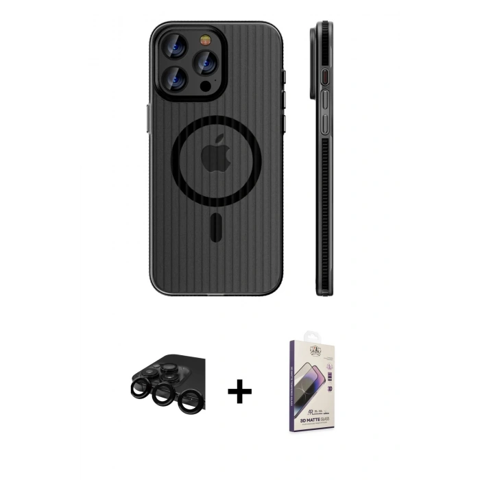 MARSİLYAN™- iPhone 15 Pro Max Kılıf Pusula Minimal Koleksiyonu - Siyah Bilvis 3D Mat Cam Ekran Koruyucu + Raze Metal Kamera Lens - SH
