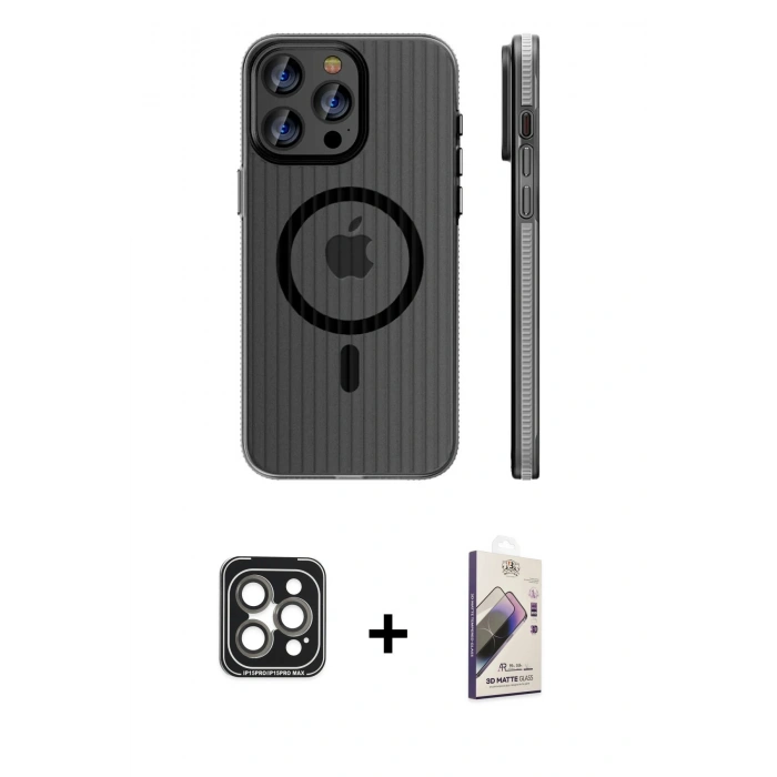 MARSİLYAN™- iPhone 15 Pro Max Kılıf Pusula Minimal Koleksiyonu - Siyah Bilvis 3D Mat Cam Ekran Koruyucu + PVD Metal Kamera Lens - GI