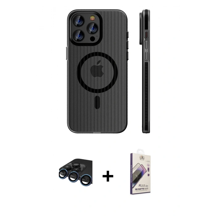 MARSİLYAN™- iPhone 15 Pro Max Kılıf Pusula Minimal Koleksiyonu - Siyah Bilvis 3D Mat Cam Ekran Koruyucu + Raze Metal Kamera Lens - LT