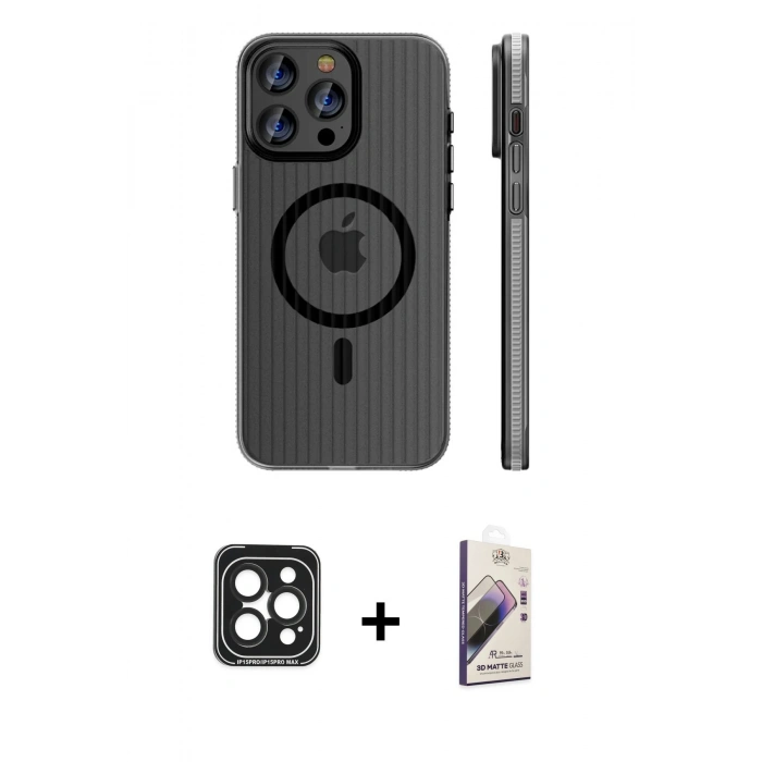 MARSİLYAN™- iPhone 15 Pro Max Kılıf Pusula Minimal Koleksiyonu - Siyah Bilvis 3D Mat Cam Ekran Koruyucu + PVD Metal Kamera Lens - SH