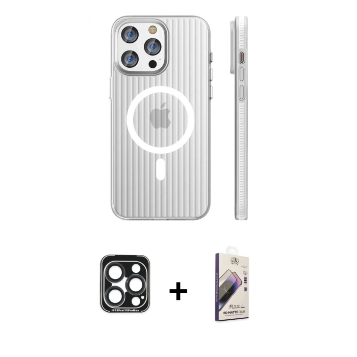 MARSİLYAN™- iPhone 15 Pro Max Kılıf Pusula Minimal Koleksiyonu - Siyah Bilvis 3D Mat Cam Ekran Koruyucu + PVD Metal Kamera Lens - LT