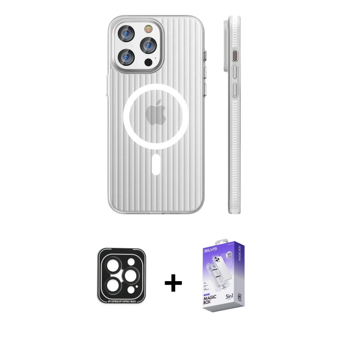 MARSİLYAN™- iPhone 15 Pro Max Kılıf Pusula Minimal Koleksiyonu - Siyah Bilvis 5in1 3D Magic Cam Ekran Koruyucu + PVD Metal Kamera Lens - SH