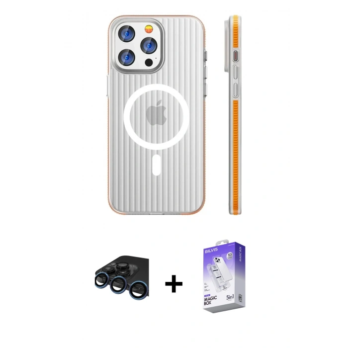 MARSİLYAN™- iPhone 15 Pro Max Kılıf Pusula Minimal Koleksiyonu - Siyah Bilvis 5in1 3D Magic Cam Ekran Koruyucu + Raze Metal Kamera Lens - LT