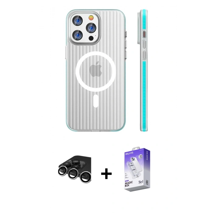 MARSİLYAN™- iPhone 15 Pro Max Kılıf Pusula Minimal Koleksiyonu - Siyah Bilvis 5in1 3D Magic Cam Ekran Koruyucu + Raze Metal Kamera Lens - GS