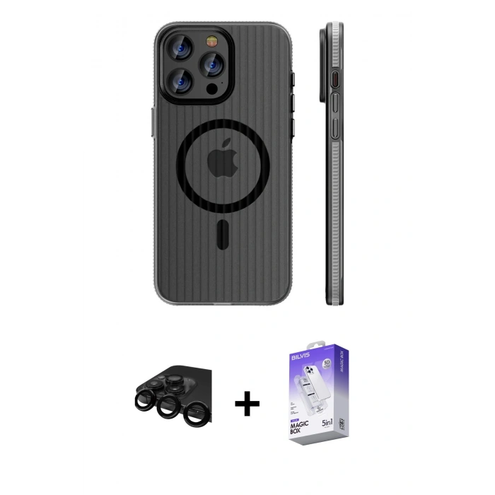 MARSİLYAN™- iPhone 15 Pro Max Kılıf Pusula Minimal Koleksiyonu - Siyah Bilvis 5in1 3D Magic Cam Ekran Koruyucu + Raze Metal Kamera Lens - SH