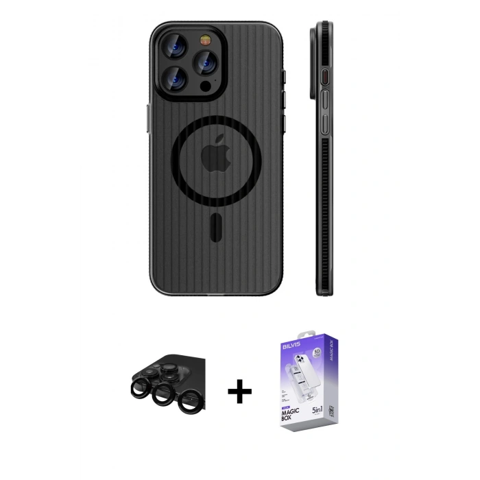 MARSİLYAN™- iPhone 15 Pro Max Kılıf Pusula Minimal Koleksiyonu - Siyah Bilvis 5in1 3D Magic Cam Ekran Koruyucu + Raze Metal Kamera Lens - SH