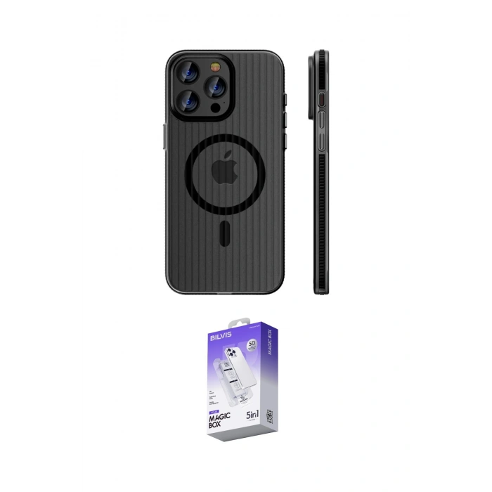 MARSİLYAN™- iPhone 15 Pro Max Kılıf Pusula Minimal Koleksiyonu - Siyah Bilvis 5in1 3D Magic Cam Ekran Koruyucu