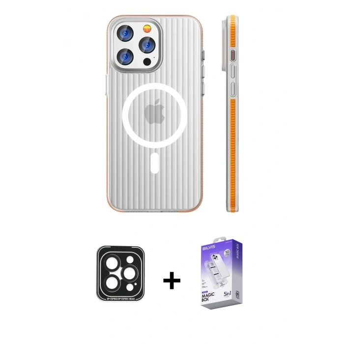 MARSİLYAN™- iPhone 15 Pro Max Kılıf Pusula Minimal Koleksiyonu - Siyah Bilvis 5in1 3D Magic Cam Ekran Koruyucu + PVD Metal Kamera Lens - SH