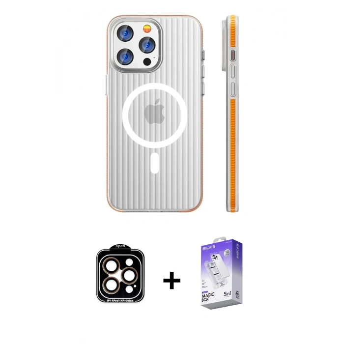 MARSİLYAN™- iPhone 15 Pro Max Kılıf Pusula Minimal Koleksiyonu - Siyah Bilvis 5in1 3D Magic Cam Ekran Koruyucu + PVD Metal Kamera Lens - TU