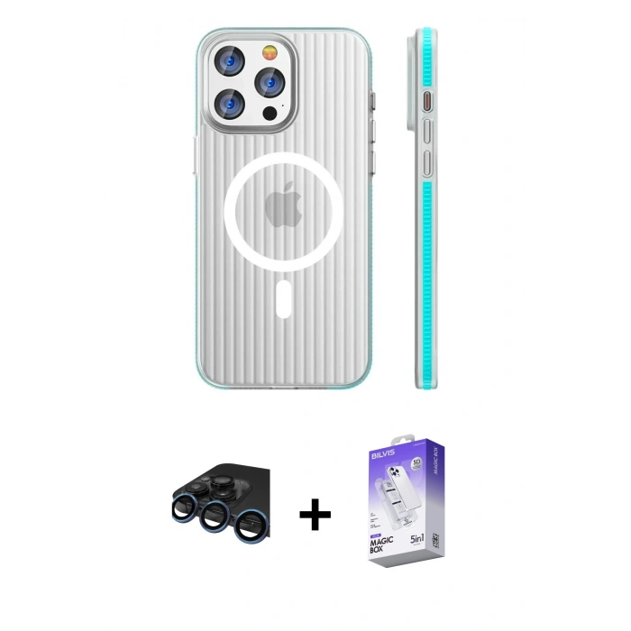 MARSİLYAN™- iPhone 15 Pro Max Kılıf Pusula Minimal Koleksiyonu - Siyah Bilvis 5in1 3D Magic Cam Ekran Koruyucu + Raze Metal Kamera Lens - LT