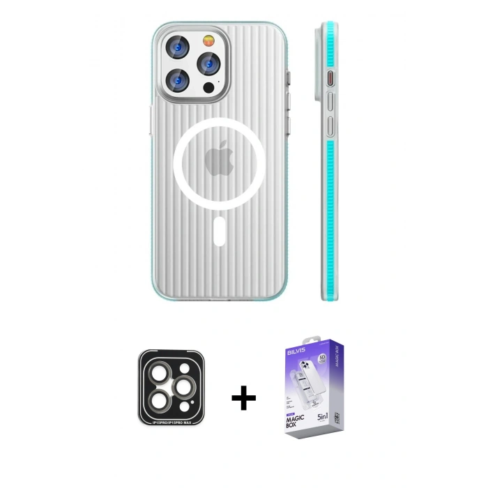 MARSİLYAN™- iPhone 15 Pro Max Kılıf Pusula Minimal Koleksiyonu - Siyah Bilvis 5in1 3D Magic Cam Ekran Koruyucu + PVD Metal Kamera Lens - GI