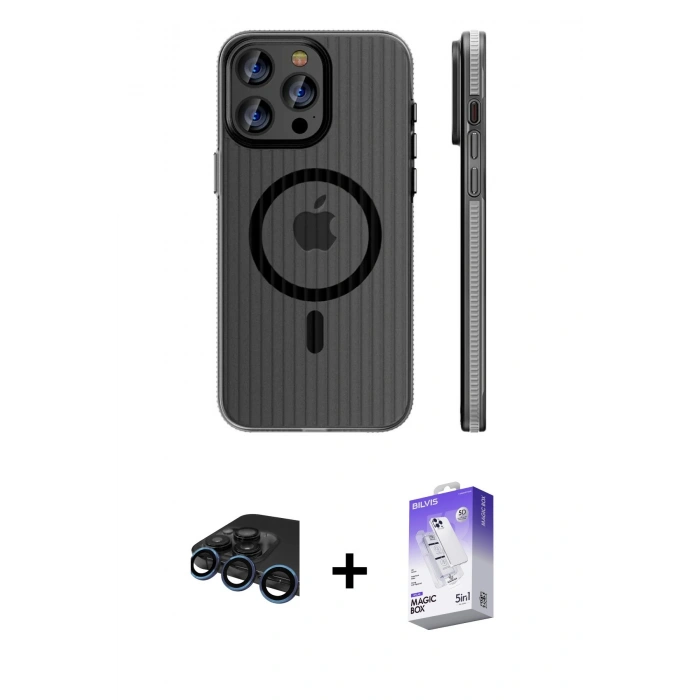 MARSİLYAN™- iPhone 15 Pro Max Kılıf Pusula Minimal Koleksiyonu - Siyah Bilvis 5in1 3D Magic Cam Ekran Koruyucu + Raze Metal Kamera Lens - LT