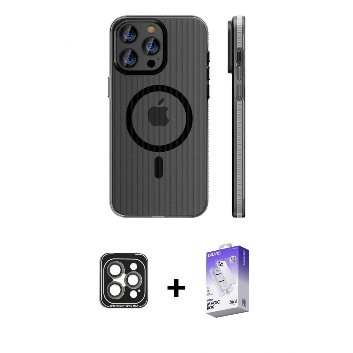 MARSİLYAN™- iPhone 15 Pro Max Kılıf Pusula Minimal Koleksiyonu - Siyah Bilvis 5in1 3D Magic Cam Ekran Koruyucu + PVD Metal Kamera Lens - GI