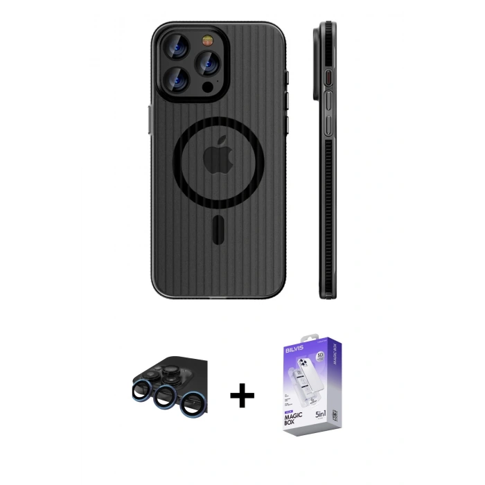 MARSİLYAN™- iPhone 15 Pro Max Kılıf Pusula Minimal Koleksiyonu - Siyah Bilvis 5in1 3D Magic Cam Ekran Koruyucu + Raze Metal Kamera Lens - LT
