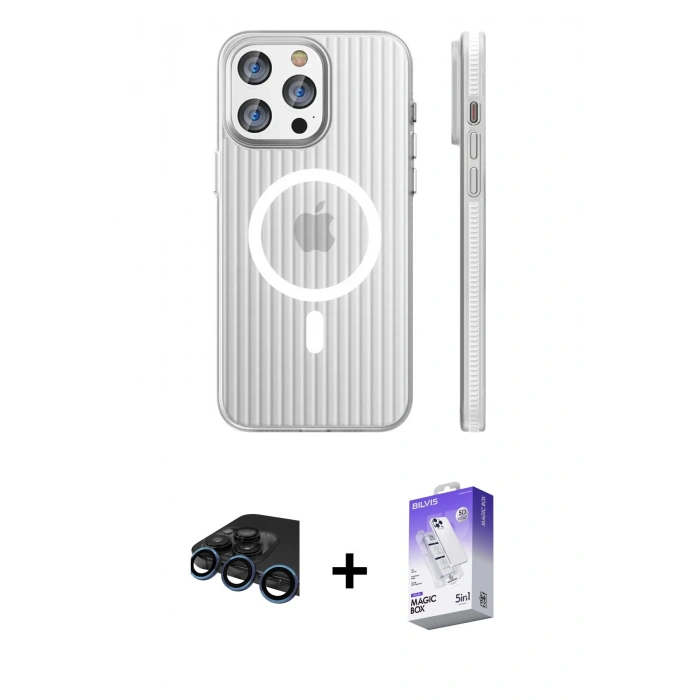 MARSİLYAN™- iPhone 15 Pro Max Kılıf Pusula Minimal Koleksiyonu - Siyah Bilvis 5in1 3D Magic Cam Ekran Koruyucu + Raze Metal Kamera Lens - LT