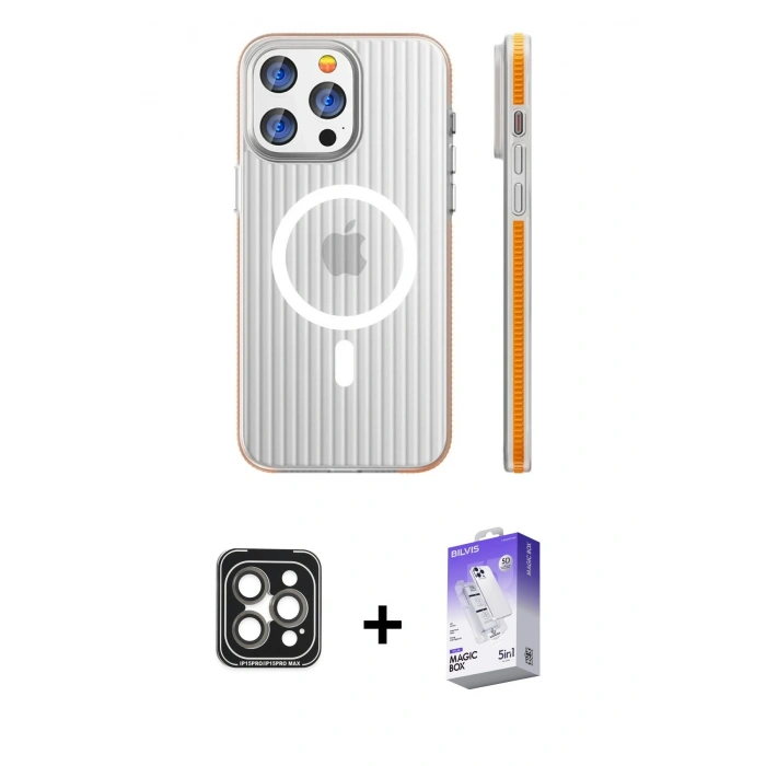 MARSİLYAN™- iPhone 15 Pro Max Kılıf Pusula Minimal Koleksiyonu - Siyah Bilvis 5in1 3D Magic Cam Ekran Koruyucu + PVD Metal Kamera Lens - GI