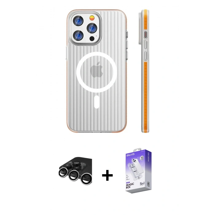 MARSİLYAN™- iPhone 15 Pro Max Kılıf Pusula Minimal Koleksiyonu - Siyah Bilvis 5in1 3D Magic Cam Ekran Koruyucu + Raze Metal Kamera Lens - GS