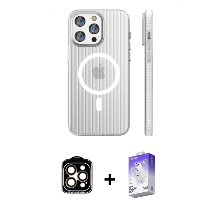 MARSİLYAN™- iPhone 15 Pro Max Kılıf Pusula Minimal Koleksiyonu - Siyah Bilvis 5in1 3D Magic Cam Ekran Koruyucu + PVD Metal Kamera Lens - TU