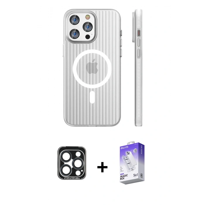 MARSİLYAN™- iPhone 15 Pro Max Kılıf Pusula Minimal Koleksiyonu - Siyah Bilvis 5in1 3D Magic Cam Ekran Koruyucu + PVD Metal Kamera Lens - LT