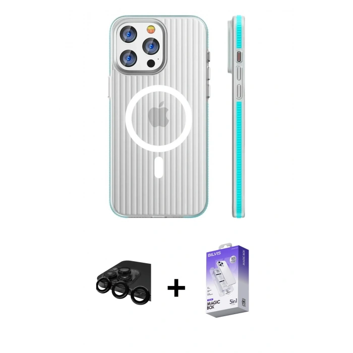 MARSİLYAN™- iPhone 15 Pro Max Kılıf Pusula Minimal Koleksiyonu - Siyah Bilvis 5in1 3D Magic Cam Ekran Koruyucu + Raze Metal Kamera Lens - SH