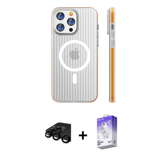MARSİLYAN™- iPhone 15 Pro Max Kılıf Pusula Minimal Koleksiyonu - Siyah Bilvis 5in1 3D Magic Cam Ekran Koruyucu + Raze Metal Kamera Lens - SH